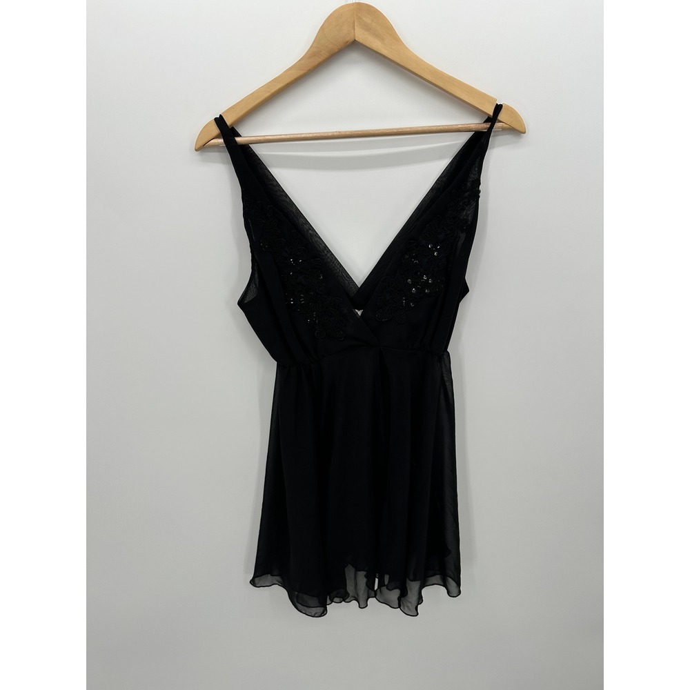 California Dynasty Vintage Black Sheer Embroidered Sequin Slip Nightie Medium